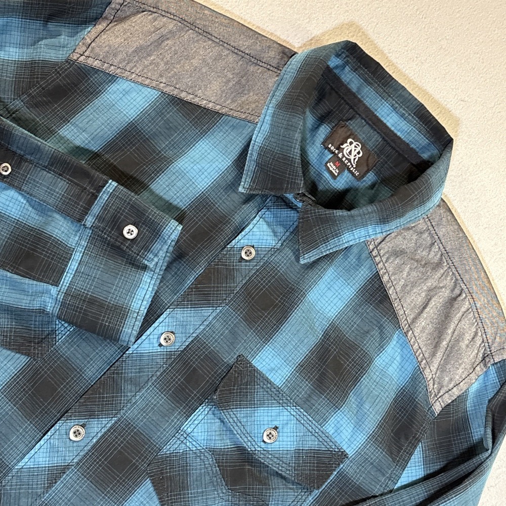 Rock & Republic Denim Shirt Mens Medium Green Plaid Long Sleeve Button Up